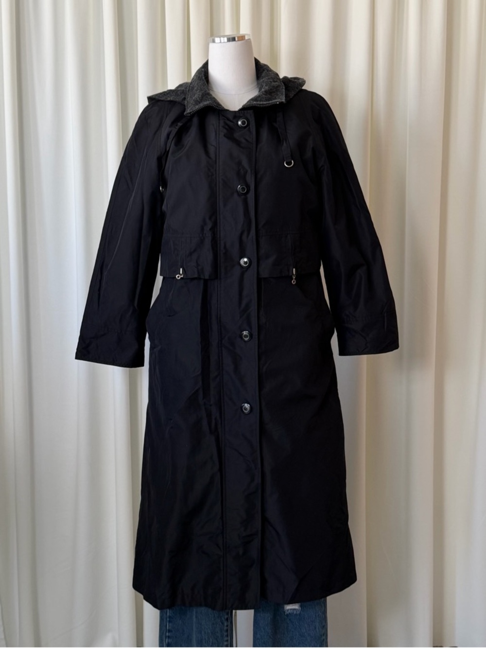 Vintage 1990s Fleet Street Hooded Black Trench Coat Gorpcore size 8Petite. - Picture 3 of 14